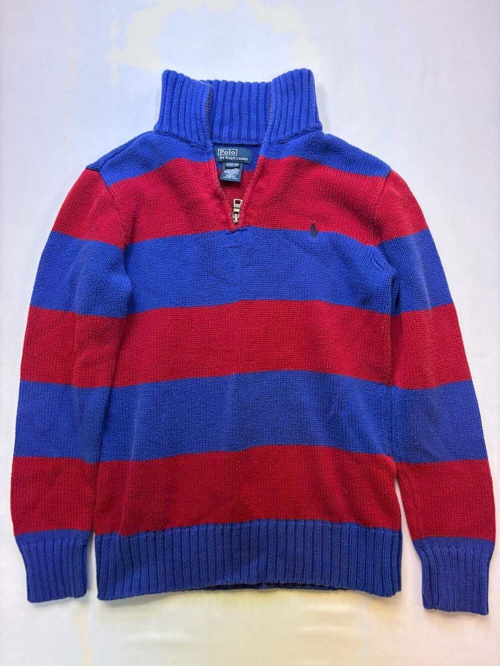 Polo Ralph Lauren Half Zip Sweater M(10-12) Blue Red Striped Cotton